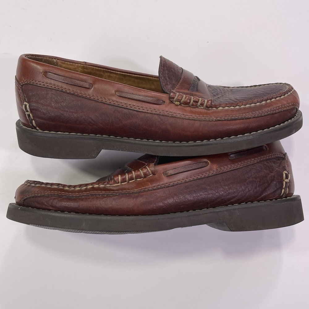 LL Bean Allagash Bison Leather Mens Shoe Sz 10 D Brown Hand Sewn Loafers Moc Toe